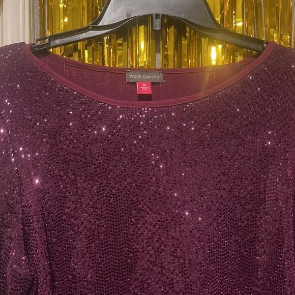 Vince Camuto Scoop Neckline Sequin Long Bell Sleeve Plum Purple Blouse Medium - Picture 3 of 7
